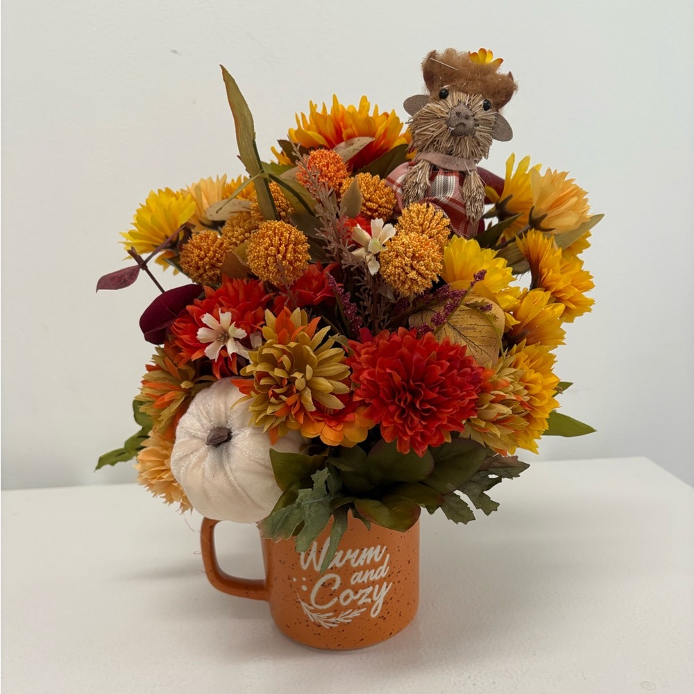 Autumn Harvest Faux Floral Arrangement in Warm and Cozy Mug